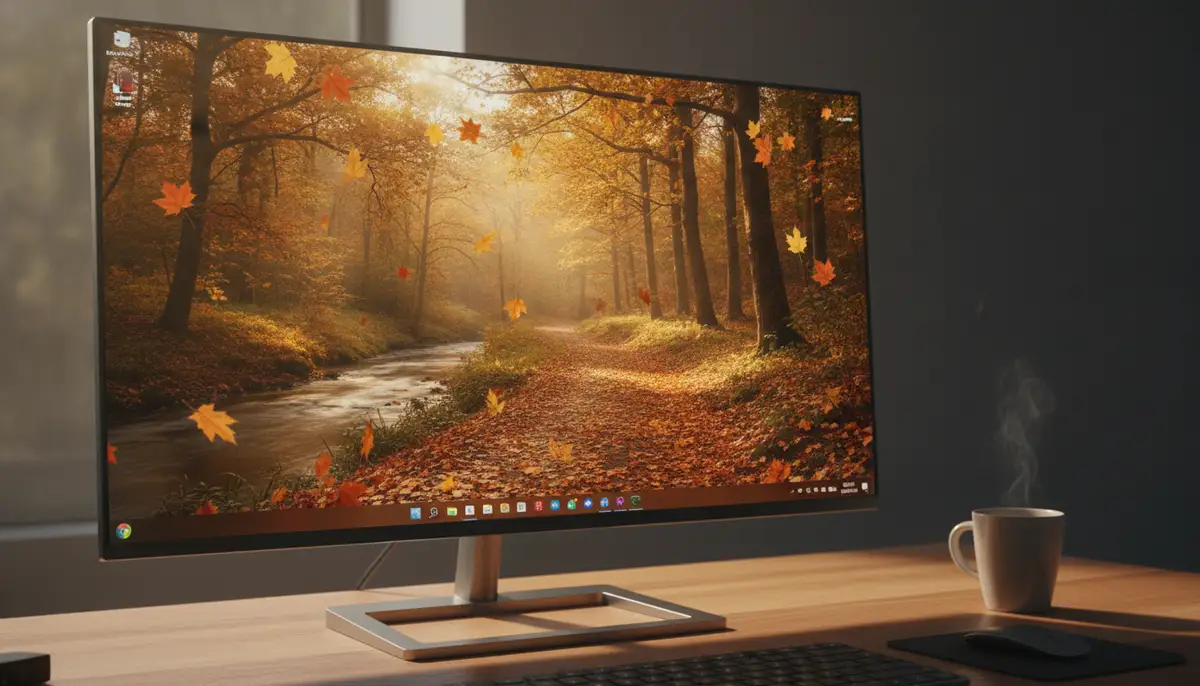 A modern desktop screen displaying a dynamic fall wallpaper backgrounds desktop, with subtle animated leaves falling, showcasing the beauty of live wallpapers., high-quality photography, professional lighting, sharp focus, realistic, detailed