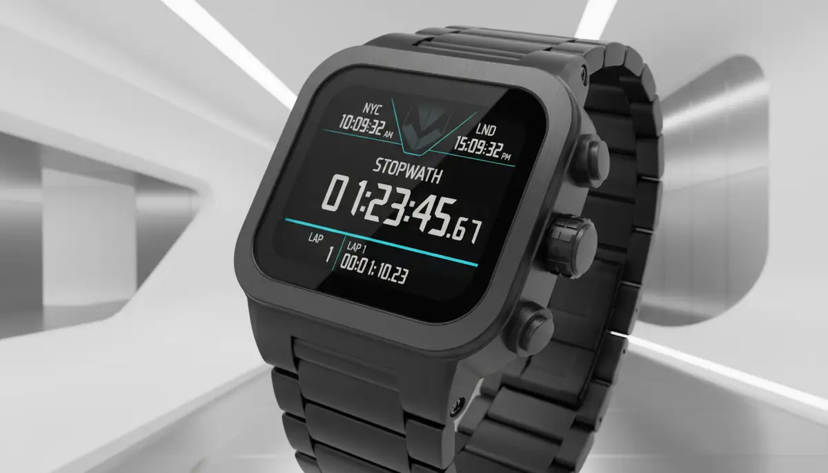 A modern digital chronograph watch displaying multiple time zones and an active stopwatch function on its screen, set against a futuristic, minimalist background., high-quality photography, professional lighting, sharp focus, realistic, detailed
