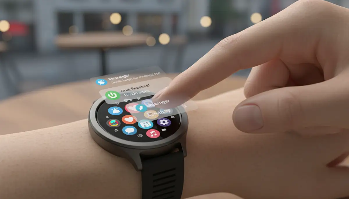 A modern digital smartwatch displaying various apps and notifications on its vibrant screen, with a person's hand interacting with it., high-quality photography, professional lighting, sharp focus, realistic, detailed