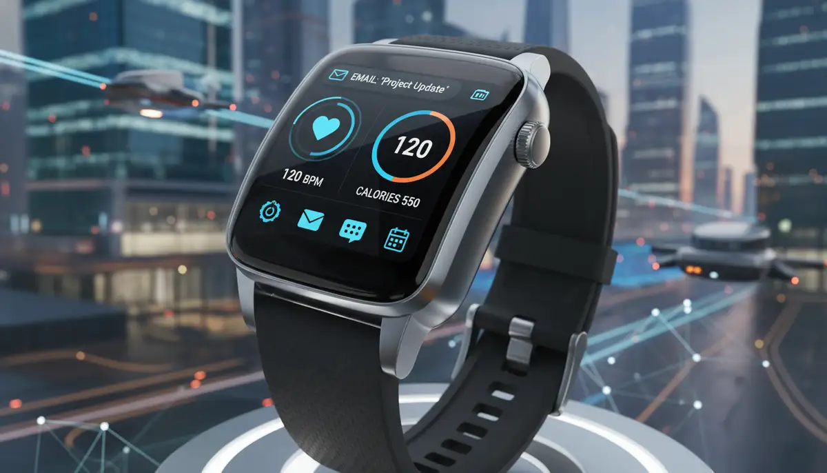 A modern digital smartwatch displaying various metrics like heart rate and notifications, set against a futuristic, active background., high-quality photography, professional lighting, sharp focus, realistic, detailed