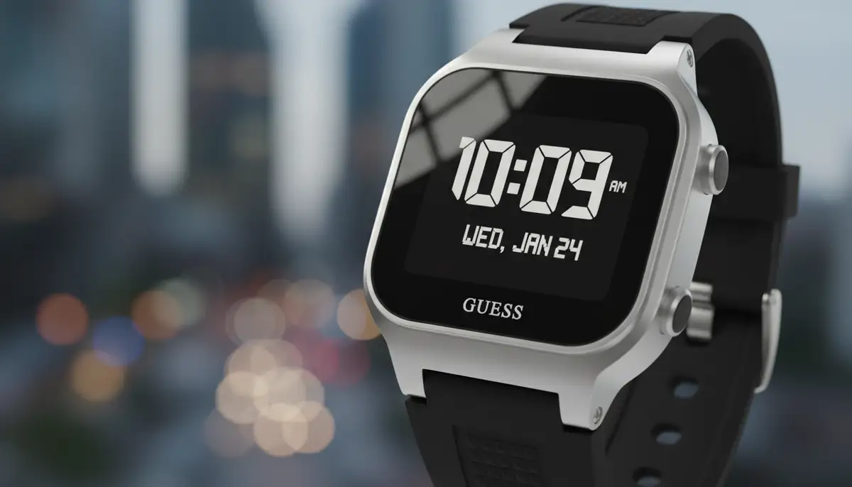 A modern GUESS digital watch displaying the time and date clearly, with subtle light reflections on the screen., high-quality photography, professional lighting, sharp focus, realistic, detailed
