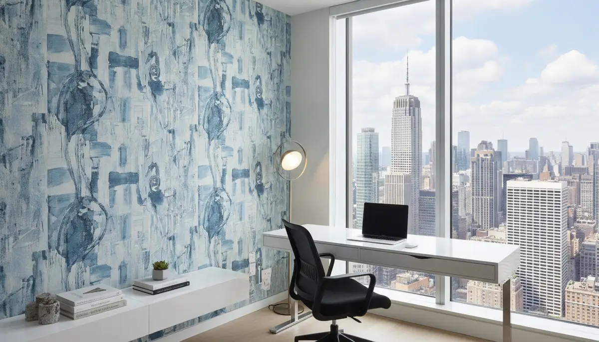 A modern home office with a sophisticated abstract blue and gray wallpaper, paired with minimalist furniture and a large window overlooking a city skyline., high-quality photography, professional lighting, sharp focus, realistic, detailed