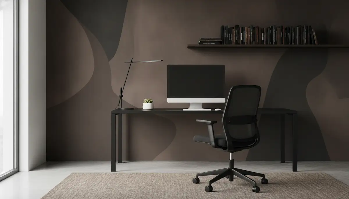 A modern home office with a sophisticated brown and black abstract wallpaper, a sleek black desk, and a comfortable ergonomic chair, showcasing a minimalist aesthetic., high-quality photography, professional lighting, sharp focus, realistic, detailed