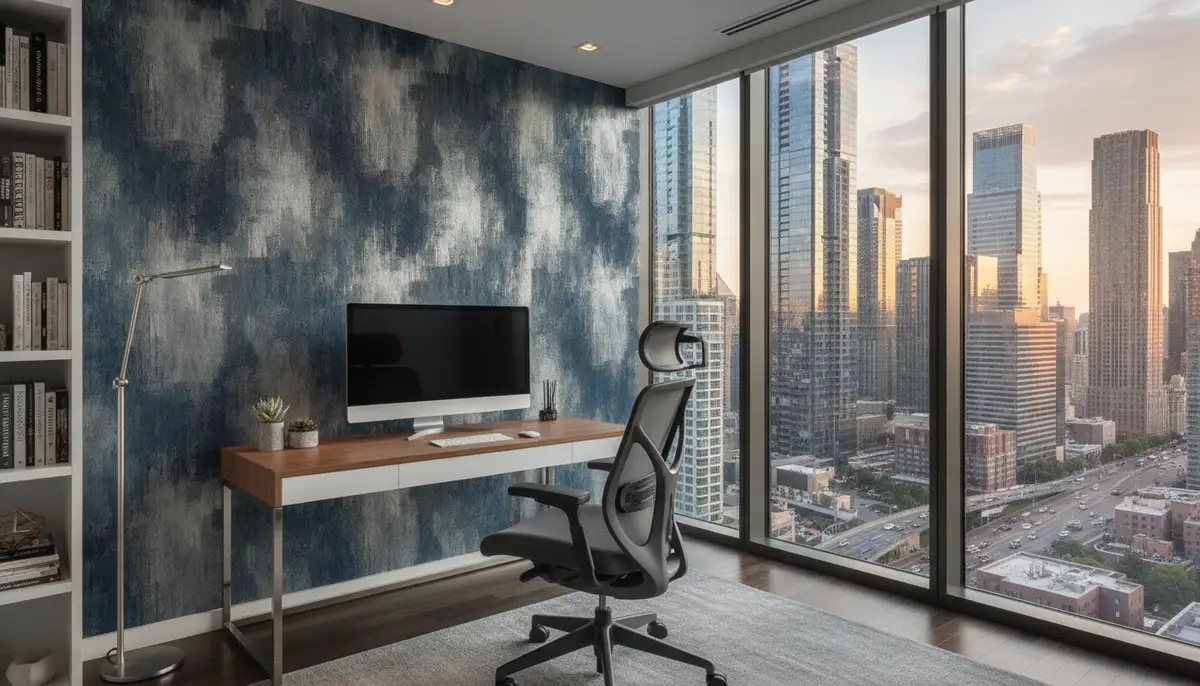 A modern home office with a textured blue and grey wallpaper behind a sleek desk, a comfortable ergonomic chair, and a large window overlooking a city skyline., high-quality photography, professional lighting, sharp focus, realistic, detailed