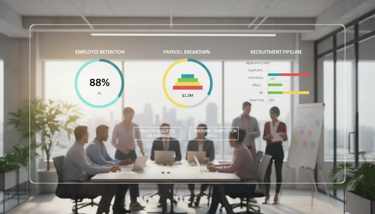 A modern HR dashboard displaying key metrics like employee retention, payroll, and recruitment pipeline, with diverse employees collaborating in the background.