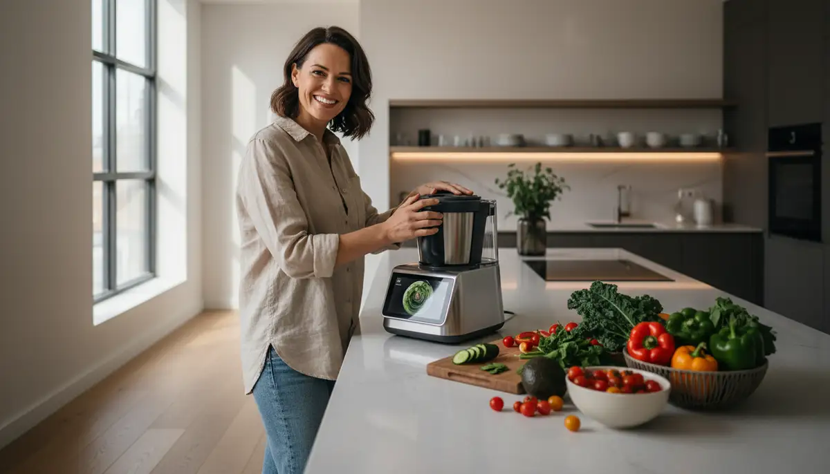 A modern kitchen setting featuring a mom happily using a new high-tech kitchen gadget, with fresh ingredients on the counter., high-quality photography, professional lighting, sharp focus, realistic, detailed