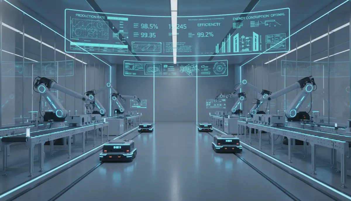 A modern manufacturing facility with automated machinery and a digital dashboard displaying production metrics, clean and futuristic.