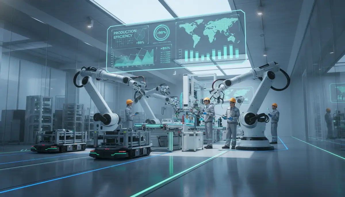 A modern manufacturing floor with robots and human workers collaborating, data dashboards displayed on screens, illustrating efficiency and integration.