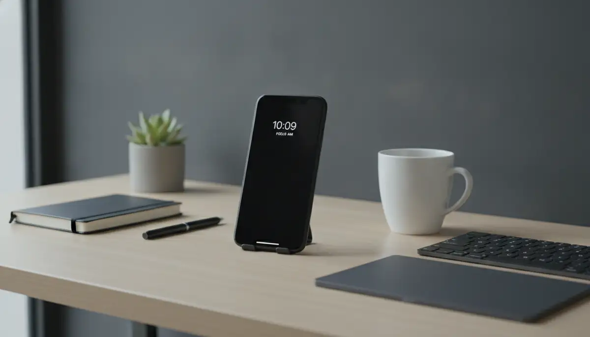 A modern, minimalist workspace with an iPhone on a desk, displaying a dark background, emphasizing productivity and reduced eye strain., high-quality photography, professional lighting, sharp focus, realistic, detailed