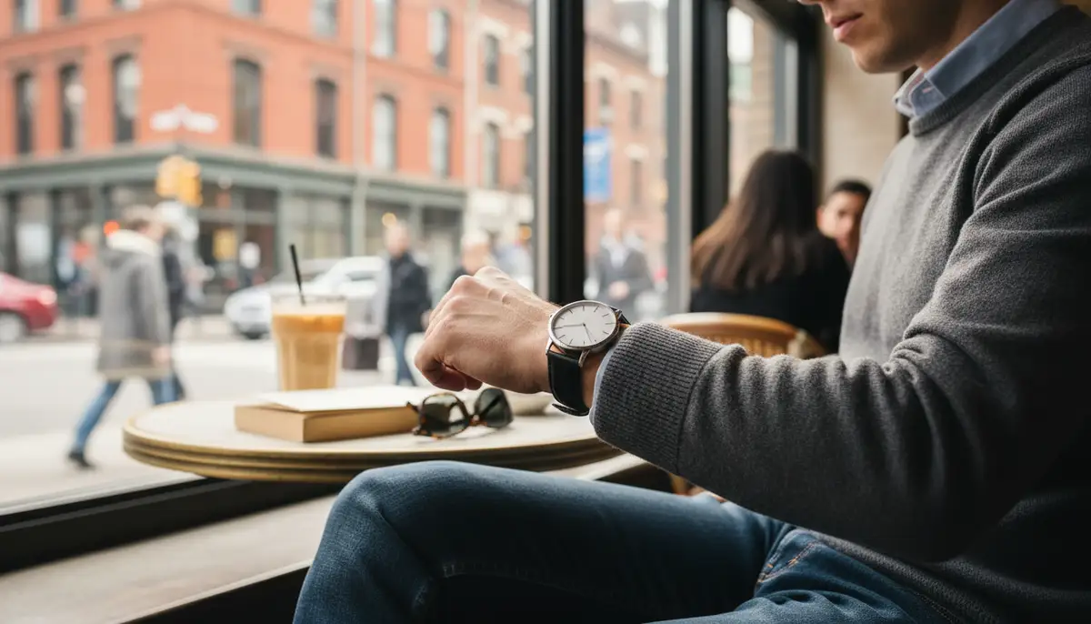 A modern person wearing a sleek analog watch, checking the time while enjoying a quiet moment in a bustling city cafe, illustrating timeless style., high-quality photography, professional lighting, sharp focus, realistic, detailed