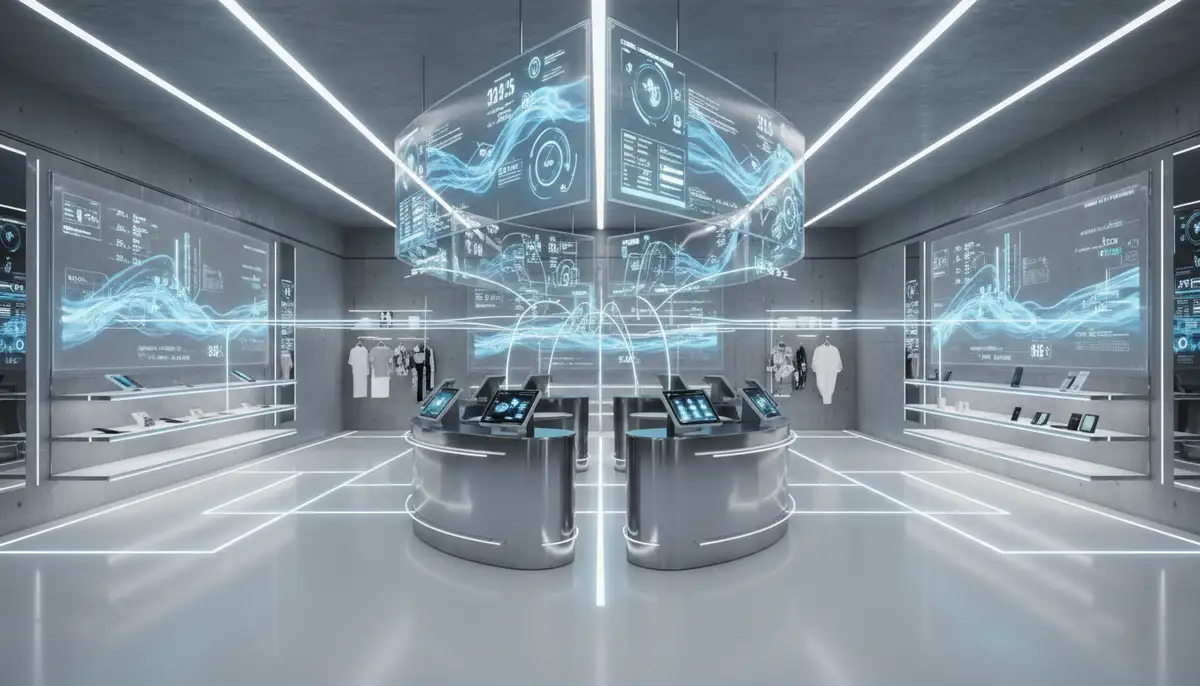 A modern retail store with integrated digital displays and a sleek point-of-sale system, showing data flowing seamlessly.