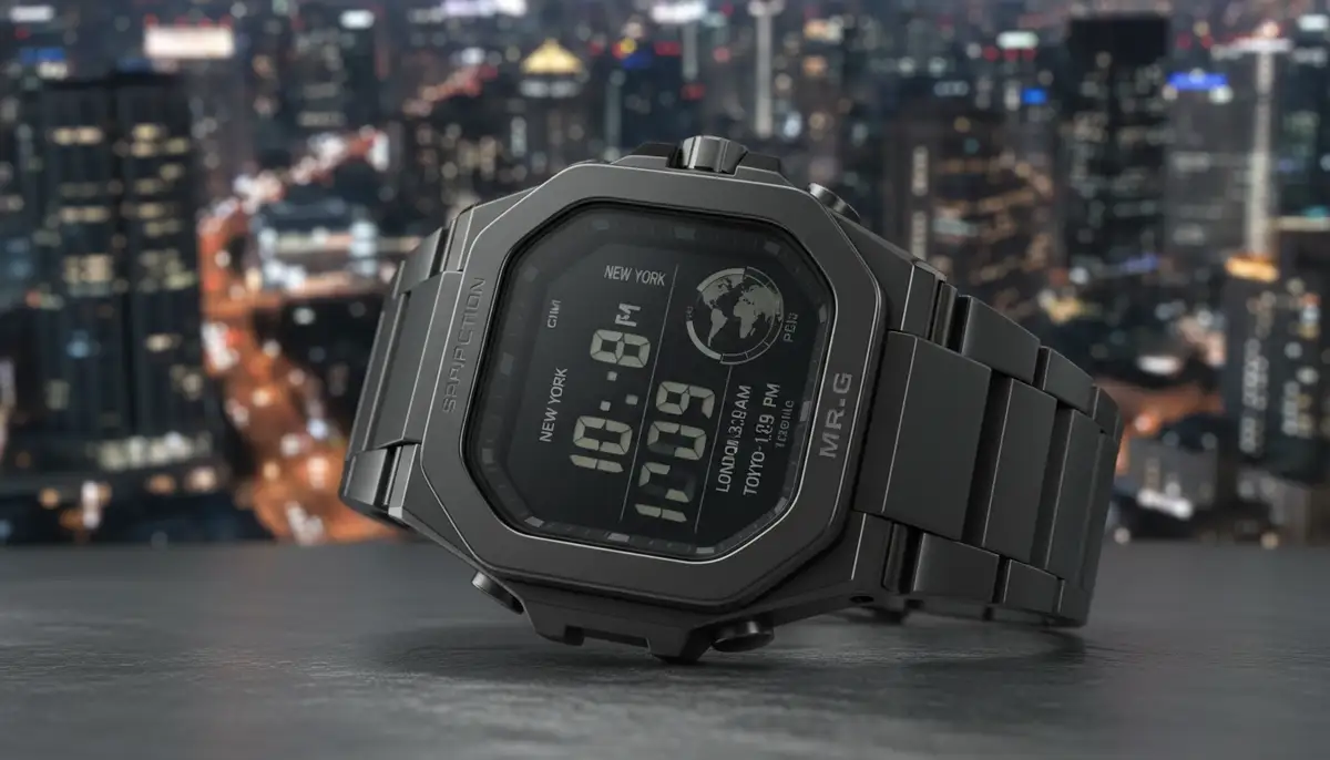 A modern, sleek Casio G-Shock watch displaying world time, with a blurred cityscape in the background, symbolizing global connectivity., high-quality photography, professional lighting, sharp focus, realistic, detailed