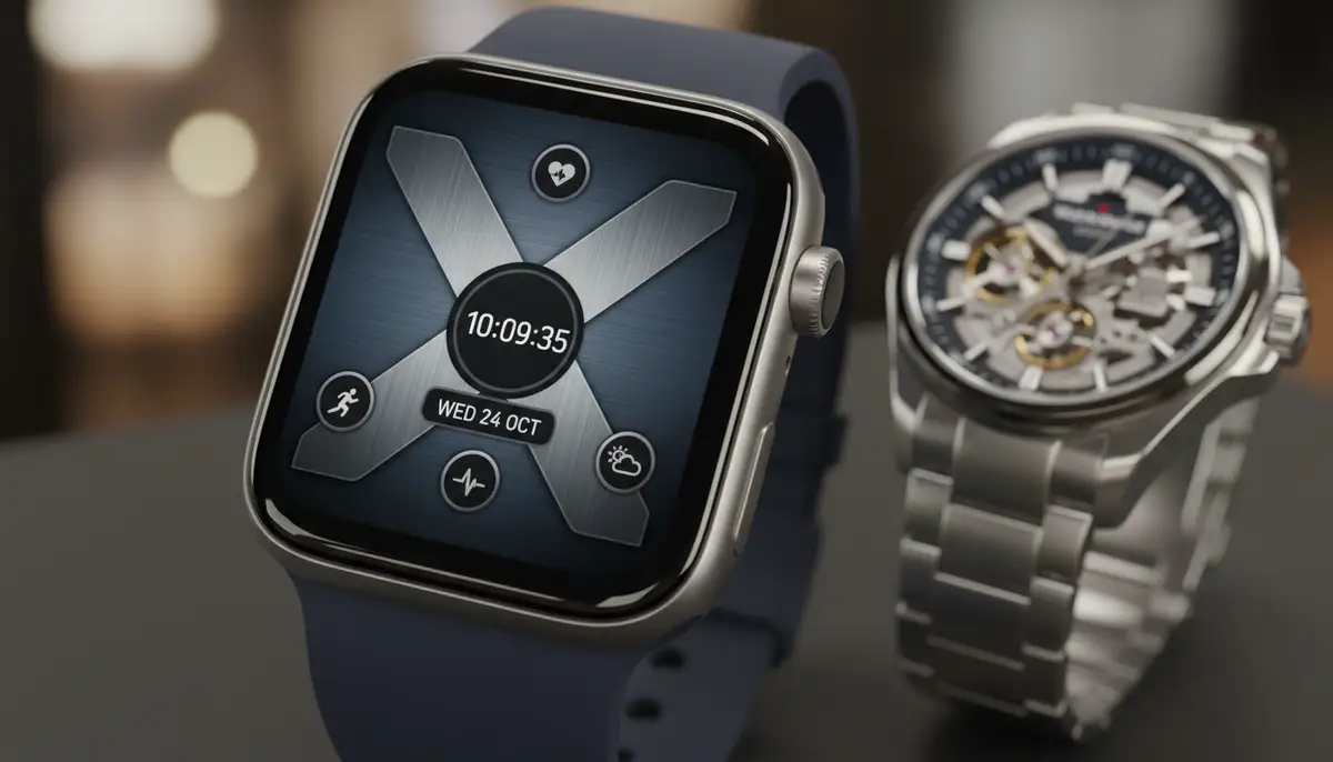 A modern smartwatch displaying a custom watch face designed by WatchMaker, with an automatic watch blurred in the background., high-quality photography, professional lighting, sharp focus, realistic, detailed