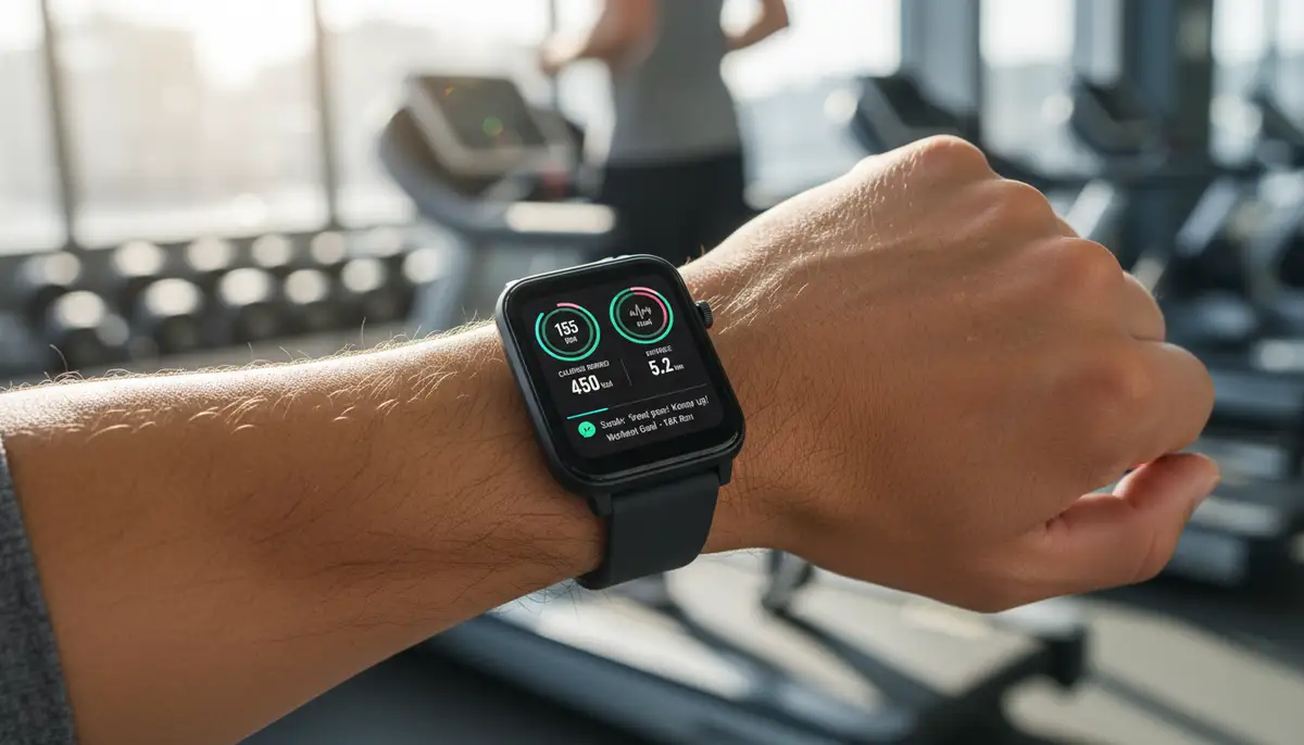 A modern smartwatch displaying various health metrics and notifications, worn by an active person during a workout., high-quality photography, professional lighting, sharp focus, realistic, detailed
