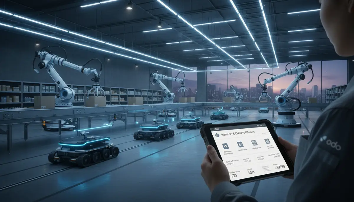 A modern warehouse facility with automated systems and a tablet showing an Odoo interface managing inventory and order fulfillment.
