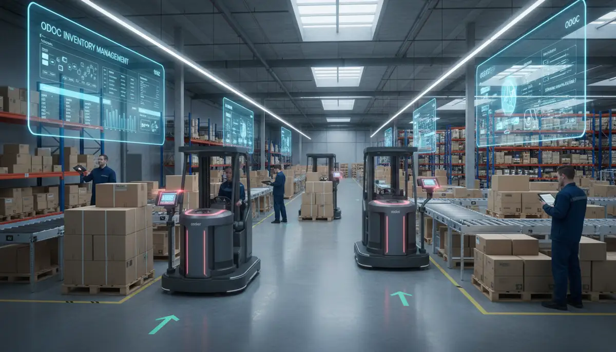 A modern warehouse floor with Odoo barcode scanners in action, showing efficient stock movement and digital screens displaying inventory data.