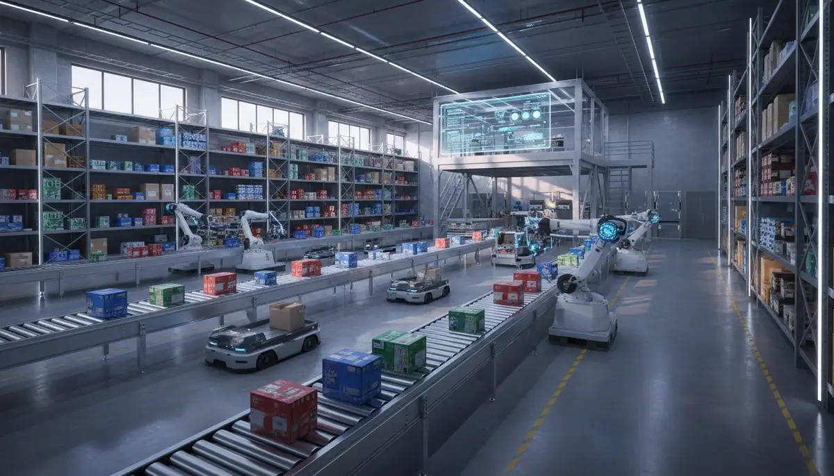 A modern warehouse with automated systems, showing products moving efficiently on conveyor belts, representing advanced inventory management.