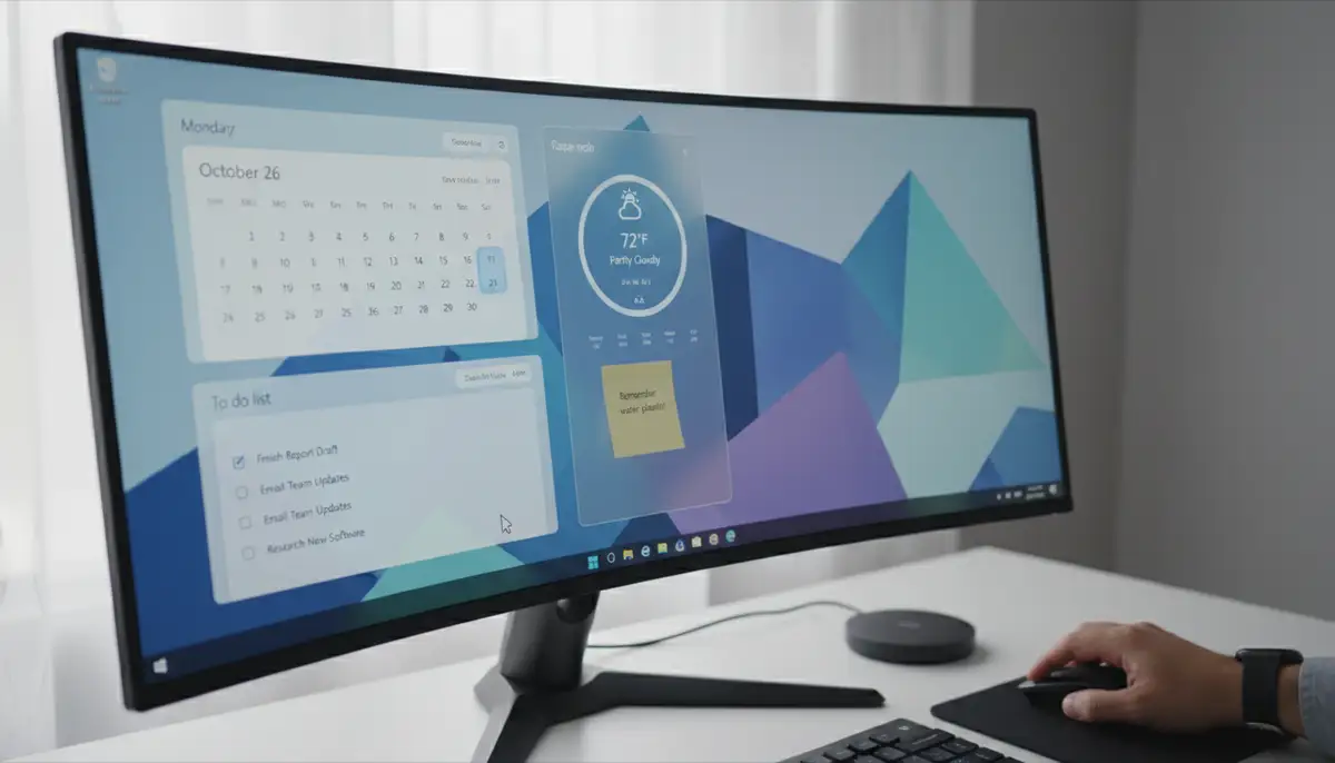 A modern Windows desktop showcasing various productivity widgets like a calendar, to-do list, and weather, with a user interacting with them., high-quality photography, professional lighting, sharp focus, realistic, detailed