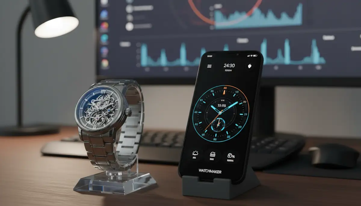 A modern workspace with a mechanical watch on a stand, next to a smartphone displaying a digital watch face from WatchMaker, blending traditional and modern timekeeping., high-quality photography, professional lighting, sharp focus, realistic, detailed