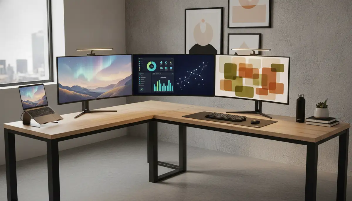 A modern workspace with multiple monitors, each displaying a different, aesthetically pleasing desktop background, showcasing productivity and personalization., high-quality photography, professional lighting, sharp focus, realistic, detailed