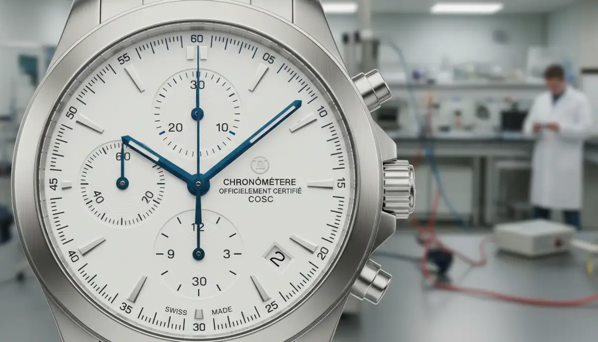A modern wrist chronometer watch dial showcasing its COSC certification, with a blurred background of a laboratory or testing facility., high-quality photography, professional lighting, sharp focus, realistic, detailed