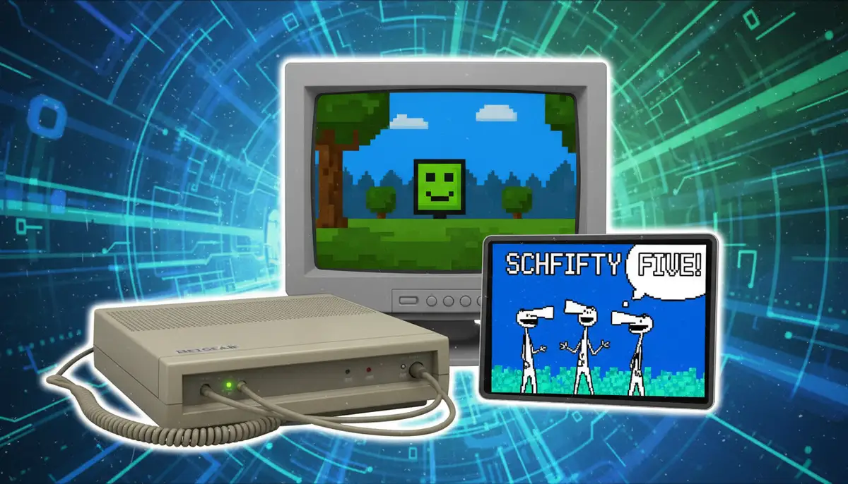 A montage of early 2000s internet aesthetics, including dial-up modems, pixel art, and a small screen playing a snippet of the 'Schfifty Five' video, representing its origins., high-quality photography, professional lighting, sharp focus, realistic, detailed