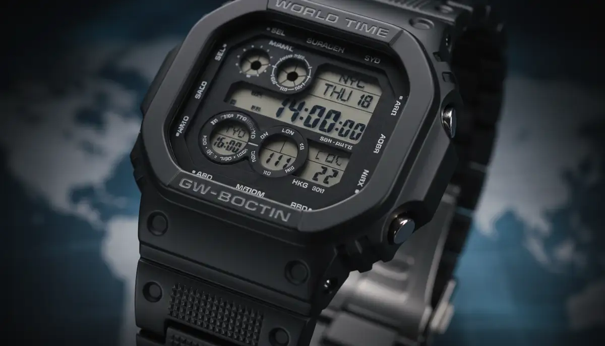 A multi-display Casio G-Shock watch showing the World Time feature, with various city codes visible., high-quality photography, professional lighting, sharp focus, realistic, detailed