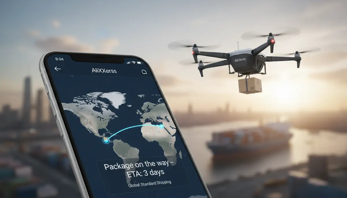 A package being tracked on a map within the AliExpress app, with a delivery drone in the background, symbolizing efficient global shipping., high-quality photography, professional lighting, sharp focus, realistic, detailed