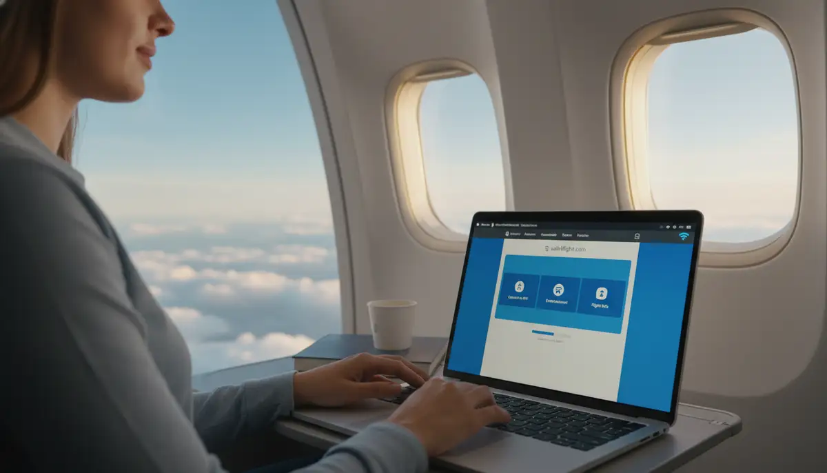 A passenger easily connecting to inflight Wi-Fi using their laptop, with the aainflight.com portal visible on the screen., high-quality photography, professional lighting, sharp focus, realistic, detailed
