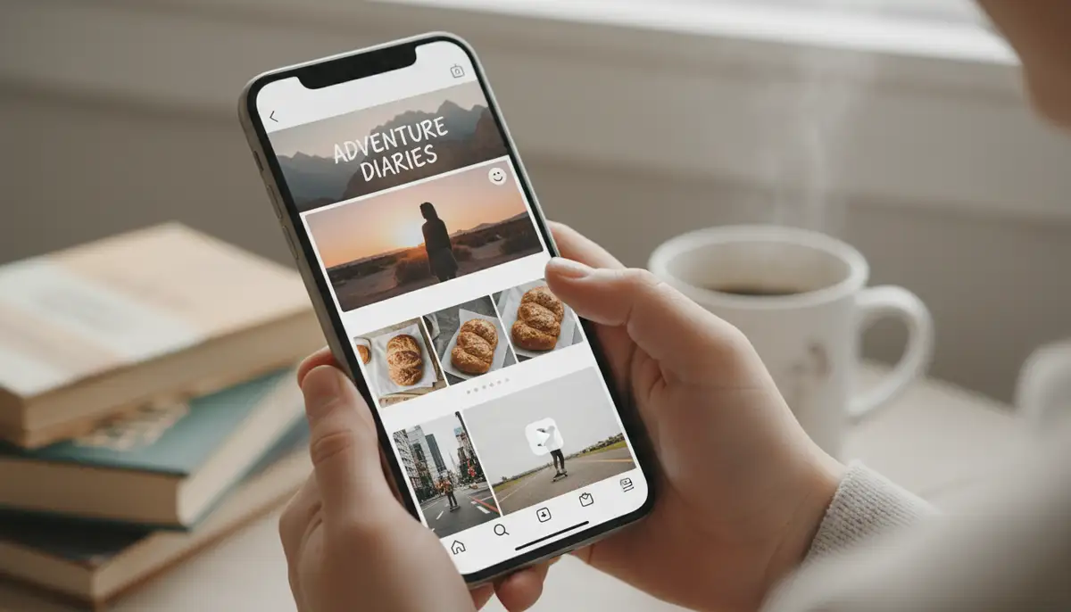 A person actively scrolling through a beautifully curated Instagram feed on a smartphone, with various content types like photos, carousels, and reels visible, representing a personal blog., high-quality photography, professional lighting, sharp focus, realistic, detailed