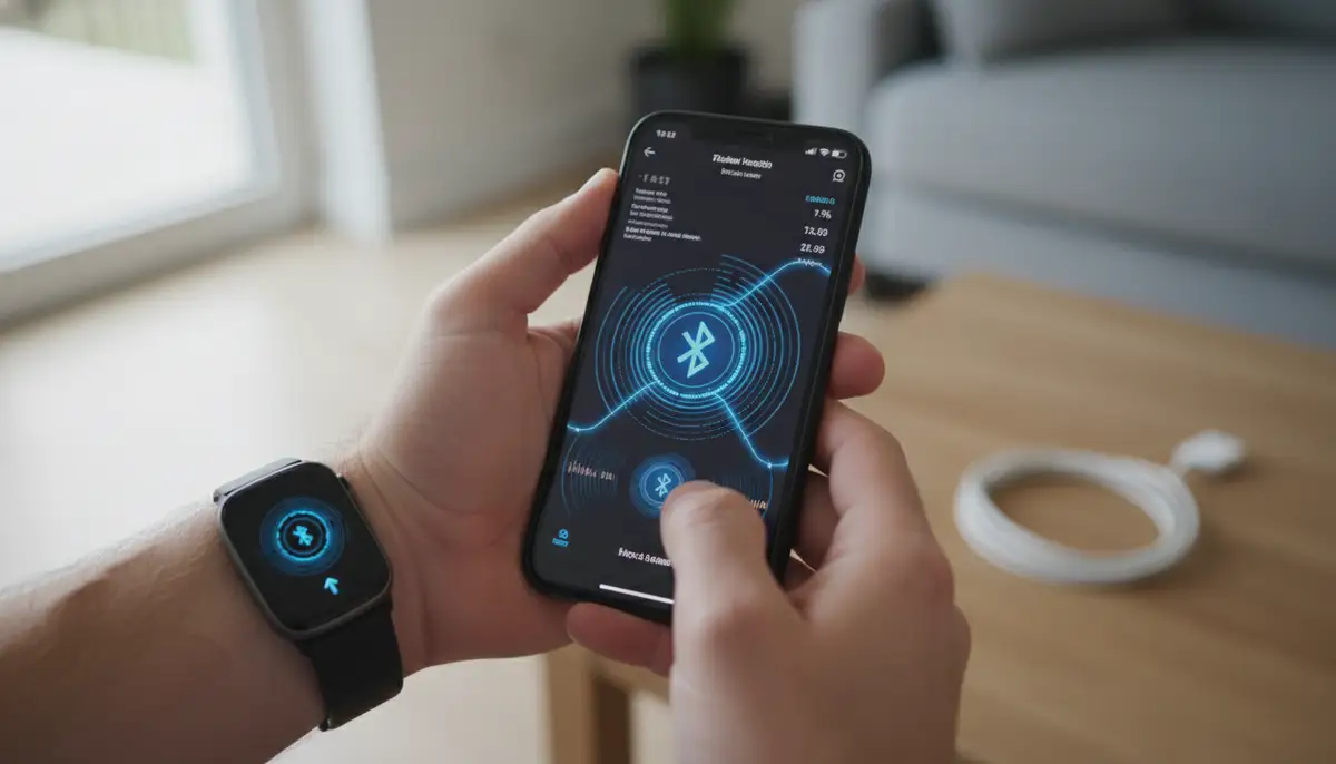 A person actively syncing their Fitbit device with their smartphone, with Bluetooth icons and data transfer animation visible., high-quality photography, professional lighting, sharp focus, realistic, detailed