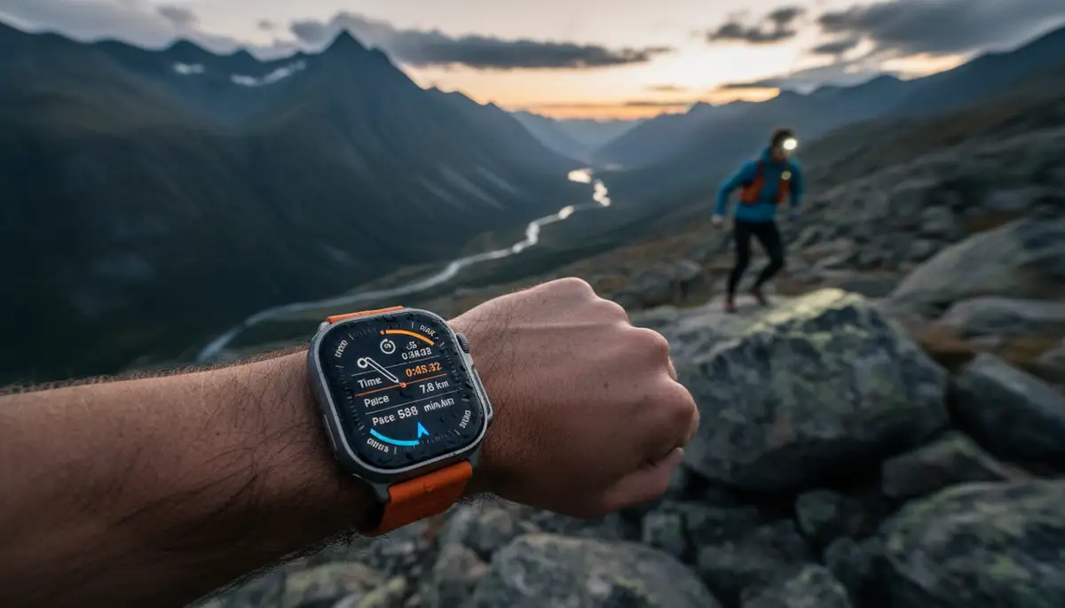 A person actively tracking a workout with an Apple Watch Ultra 3 during an outdoor adventure, showcasing its ruggedness and advanced fitness features., high-quality photography, professional lighting, sharp focus, realistic, detailed
