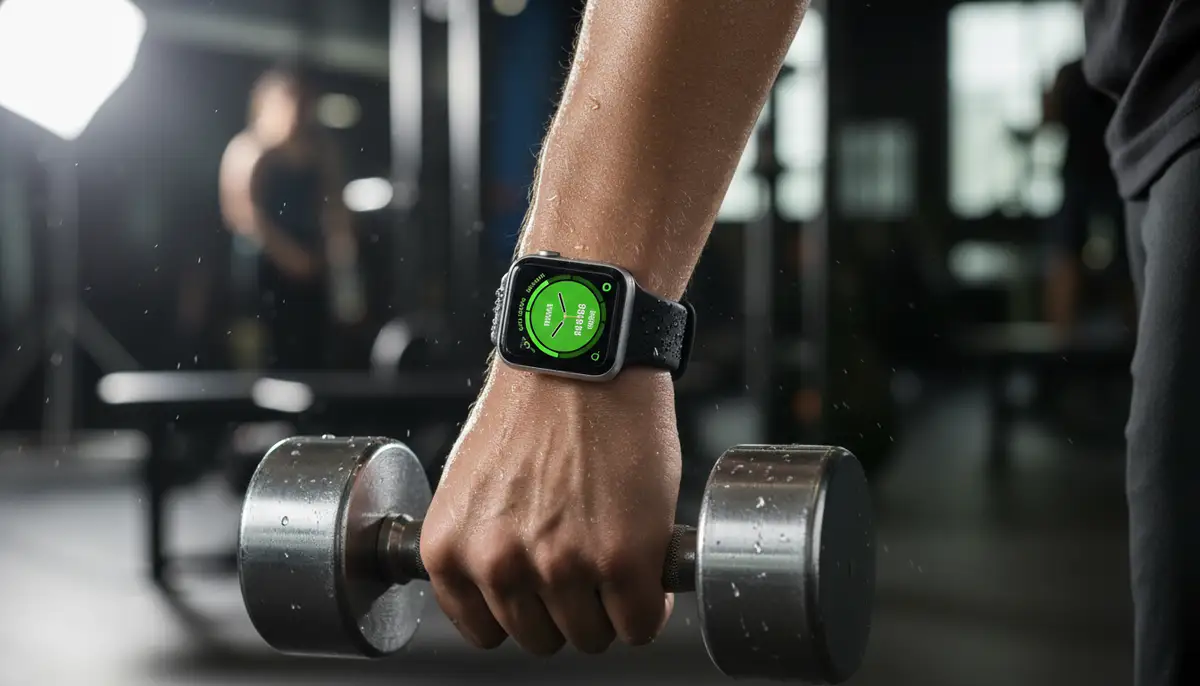 A person actively working out, showcasing an Apple Watch with a Sport Band securely fastened, sweat beads visible, emphasizing durability and water resistance., high-quality photography, professional lighting, sharp focus, realistic, detailed