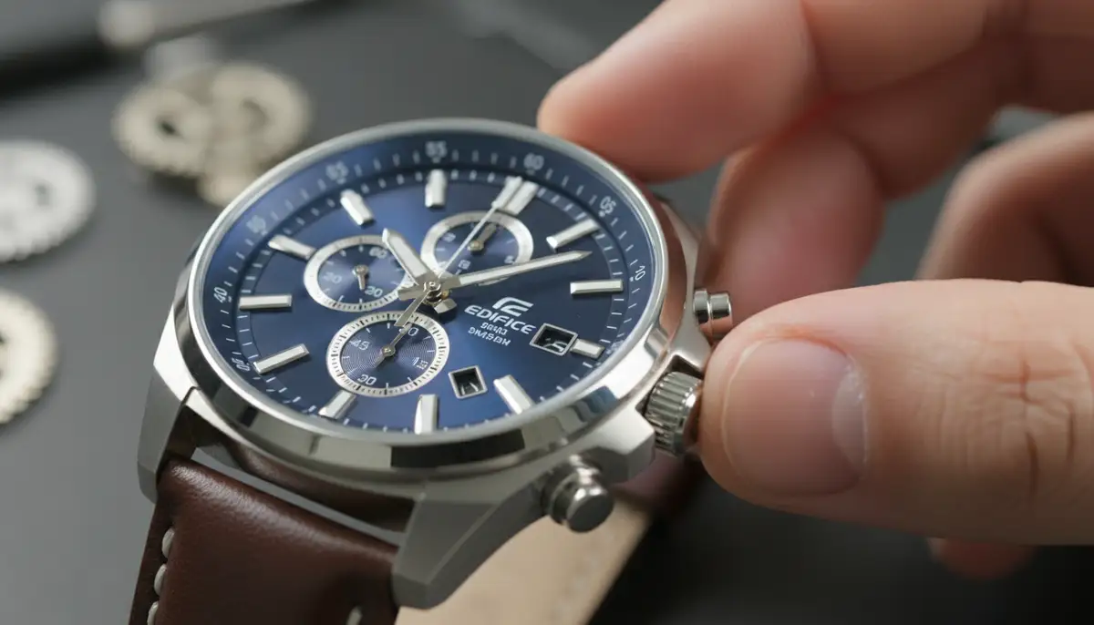 A person adjusting the crown of an analog Casio Edifice watch, showing the smooth movement of the hands., high-quality photography, professional lighting, sharp focus, realistic, detailed