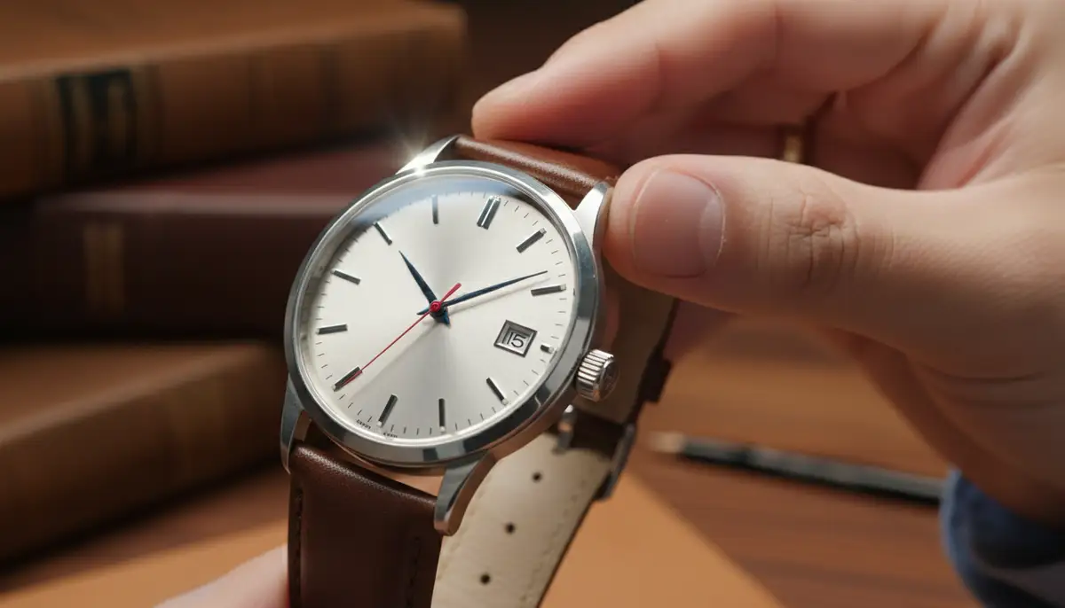 A person adjusting the date on a classic analog watch, showing the watch face with a calendar window and the crown pulled out to the first position., high-quality photography, professional lighting, sharp focus, realistic, detailed