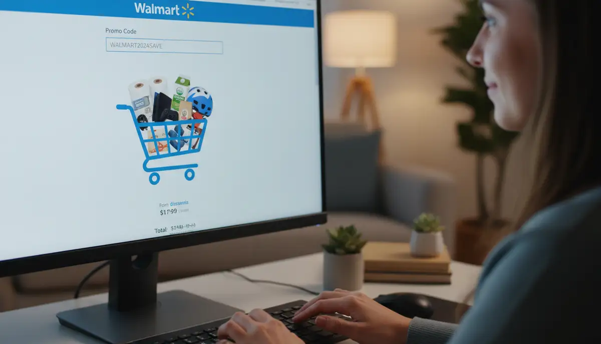 A person at a computer, carefully entering a Walmart promo code into a checkout field, with a shopping cart full of diverse items on the screen, focused and detailed., high-quality photography, professional lighting, sharp focus, realistic, detailed