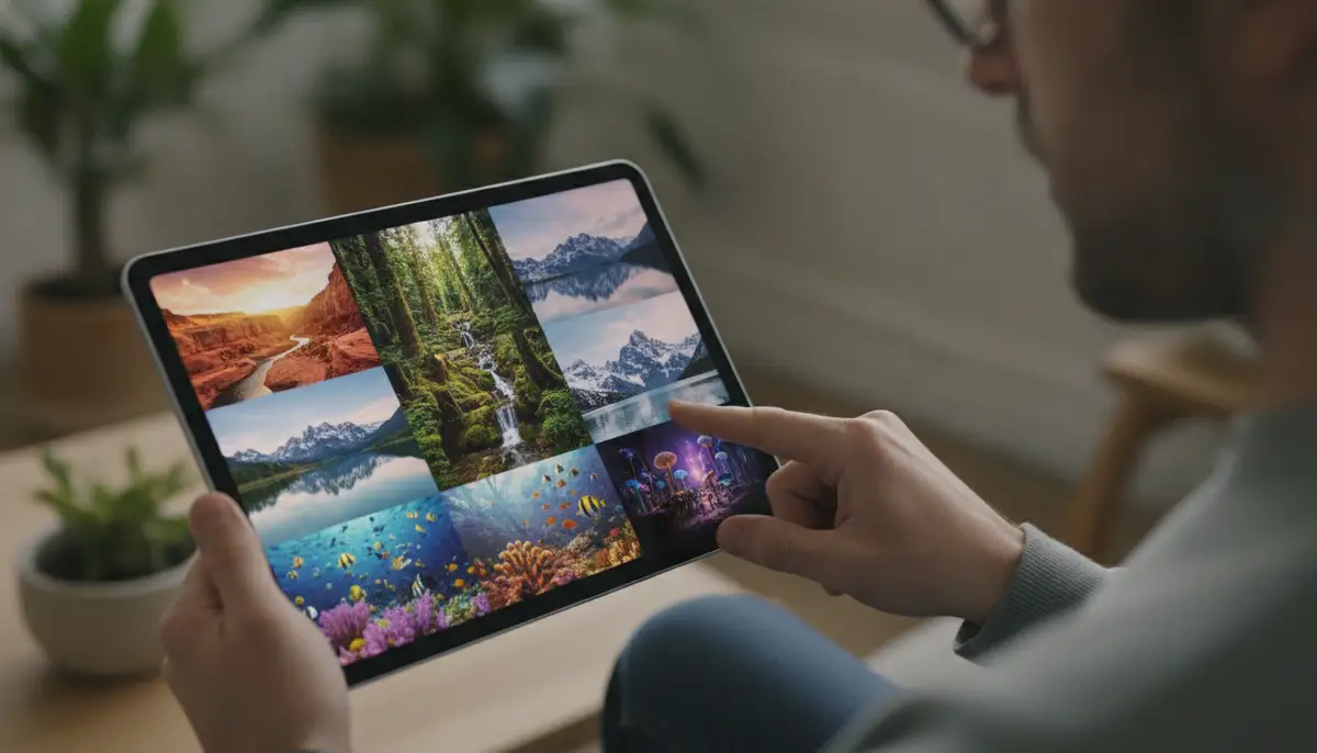 A person browsing a diverse collection of nature-themed iPhone wallpapers on a tablet, with various nature scenes displayed., high-quality photography, professional lighting, sharp focus, realistic, detailed