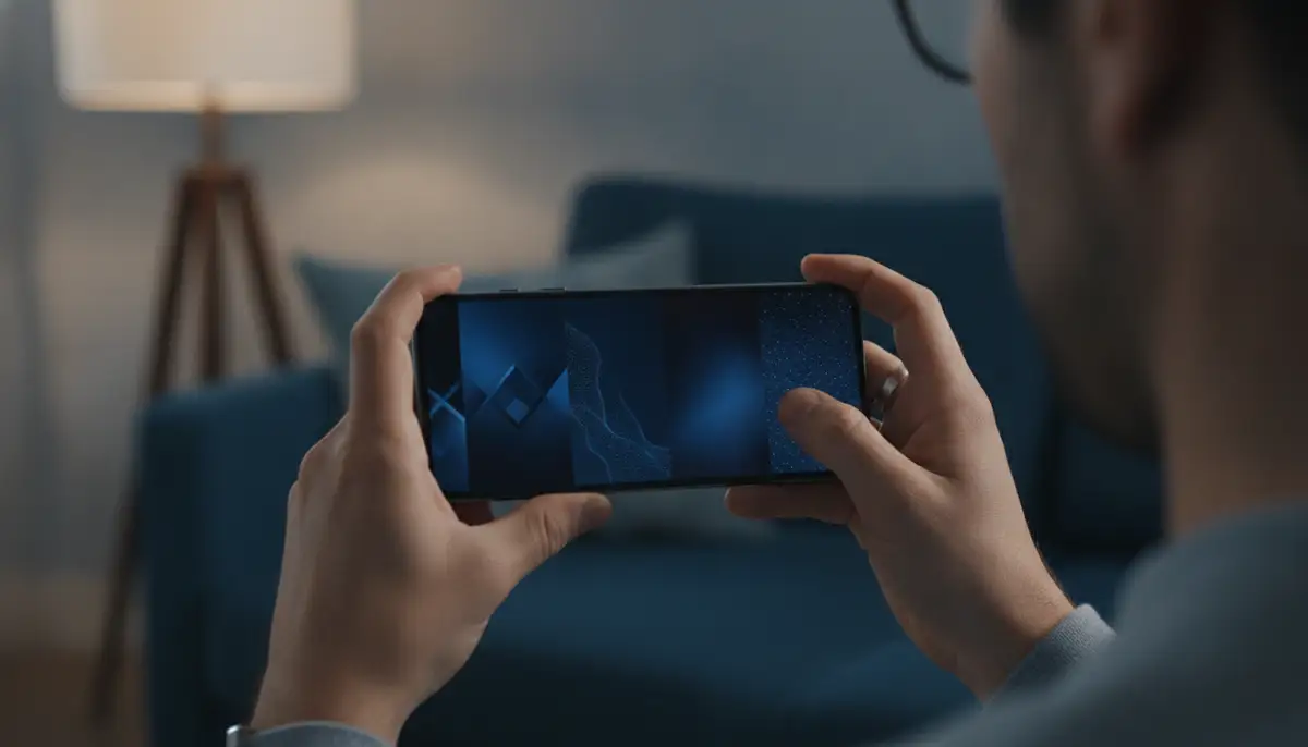 A person browsing through a collection of dark blue digital wallpapers on a smartphone, showcasing various abstract and minimalist designs., high-quality photography, professional lighting, sharp focus, realistic, detailed