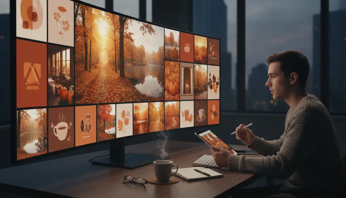 A person browsing through a gallery of diverse fall backgrounds for desktop, showing various styles from minimalist to realistic., high-quality photography, professional lighting, sharp focus, realistic, detailed