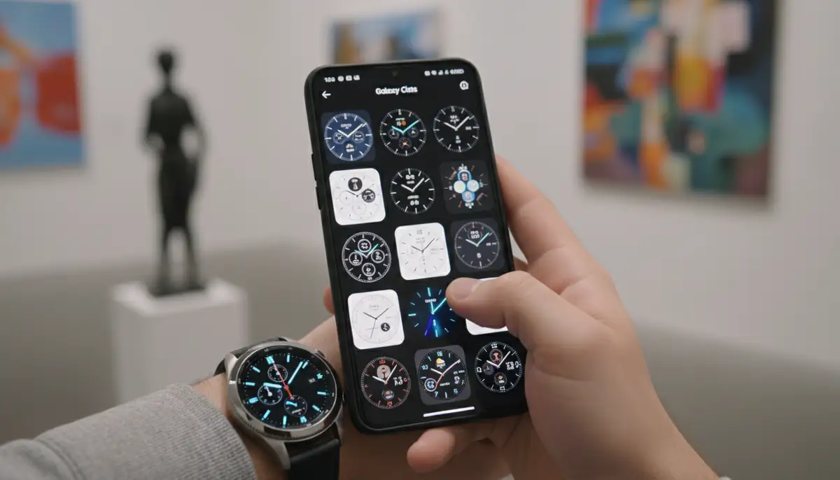 A person browsing through a gallery of diverse watch faces on a smartphone, connected to a Galaxy Watch 8 Classic, highlighting customization options., high-quality photography, professional lighting, sharp focus, realistic, detailed