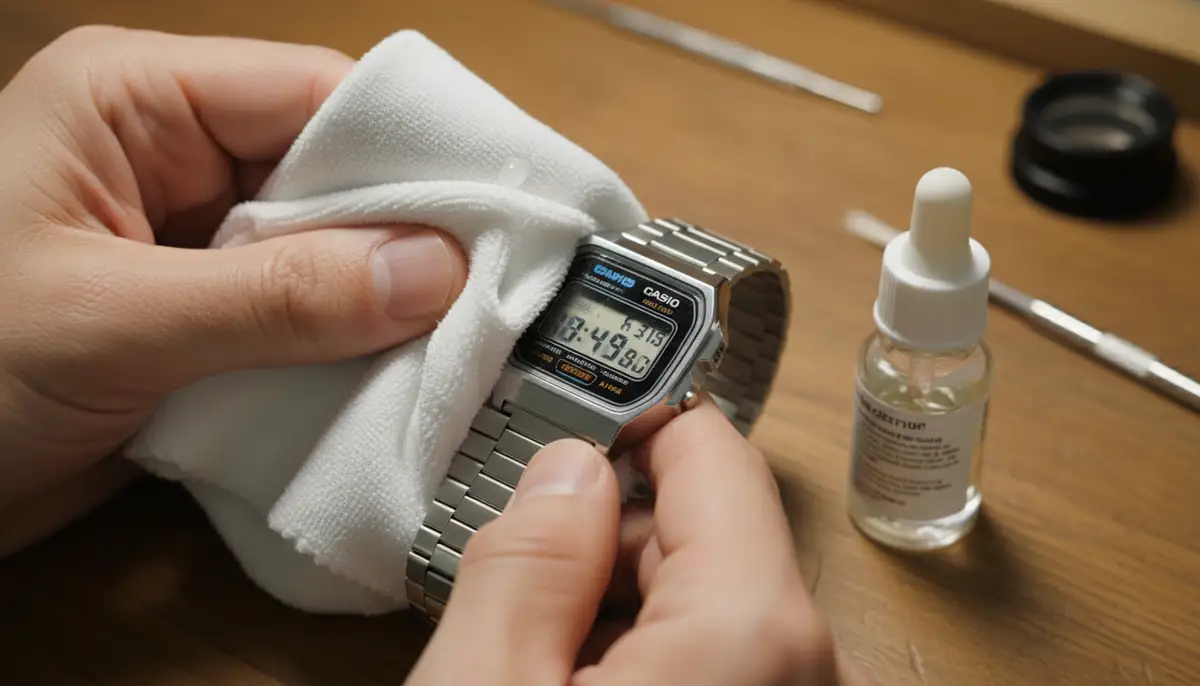 A person carefully cleaning a vintage Casio A168 watch with a soft cloth and specialized cleaning solution, demonstrating gentle maintenance., high-quality photography, professional lighting, sharp focus, realistic, detailed