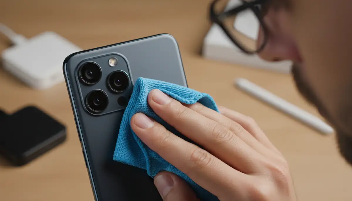 A person carefully cleaning an Android phone camera lens with a microfiber cloth, showing attention to detail., high-quality photography, professional lighting, sharp focus, realistic, detailed