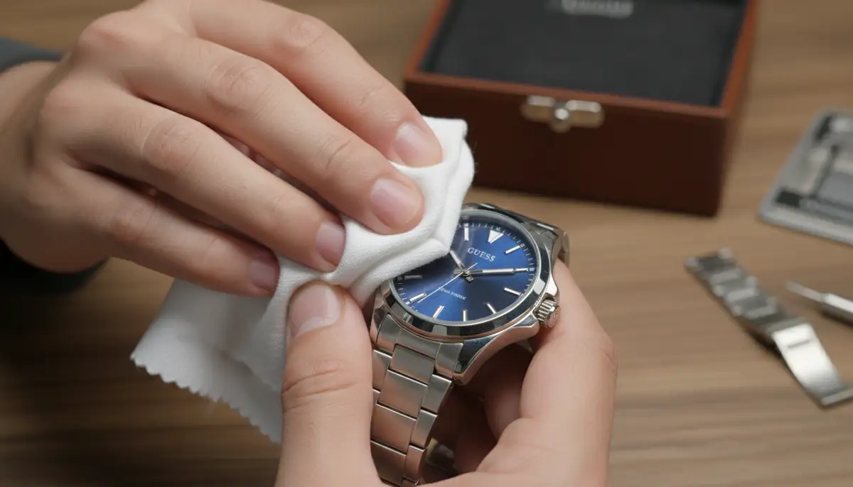 A person carefully cleaning their GUESS watch with a soft cloth, showcasing proper watch maintenance., high-quality photography, professional lighting, sharp focus, realistic, detailed