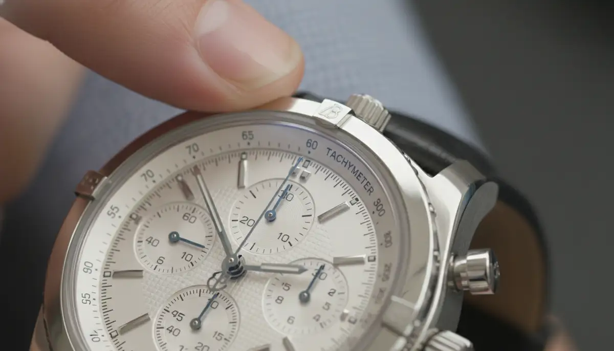 A person carefully pressing a pusher on a stainless steel chronograph watch, with a focus on the intricate details of the watch face., high-quality photography, professional lighting, sharp focus, realistic, detailed