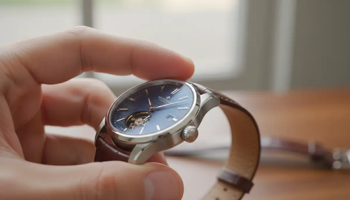 A person carefully winding the crown of an automatic watch, with a soft focus on their hands and the watch face., high-quality photography, professional lighting, sharp focus, realistic, detailed