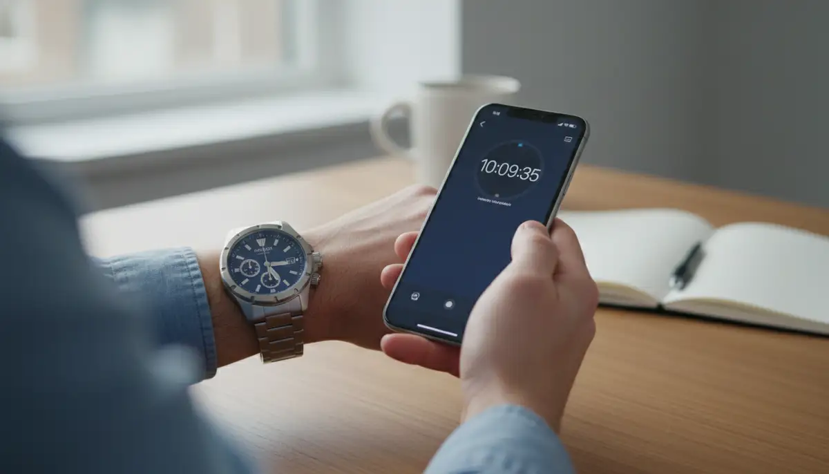 A person checking their freshly set Nixon watch against a smartphone, ensuring accuracy, with a bright, clean aesthetic., high-quality photography, professional lighting, sharp focus, realistic, detailed