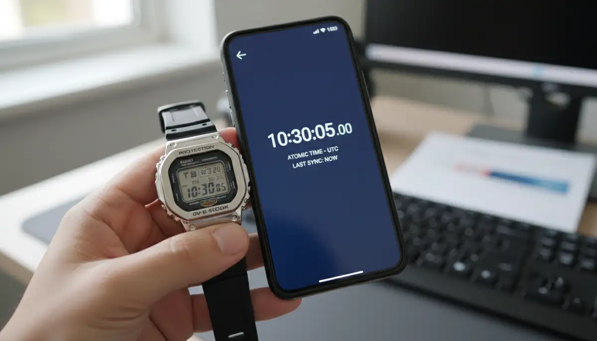 A person checking their newly adjusted Casio watch against a smartphone showing the atomic time, ensuring accuracy., high-quality photography, professional lighting, sharp focus, realistic, detailed