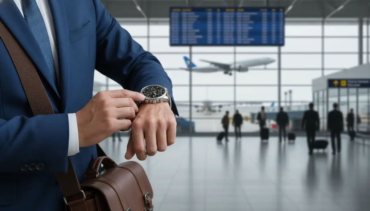 A person checking their perfectly synced watch at an international airport, highlighting the importance of accurate time zones for travel., high-quality photography, professional lighting, sharp focus, realistic, detailed