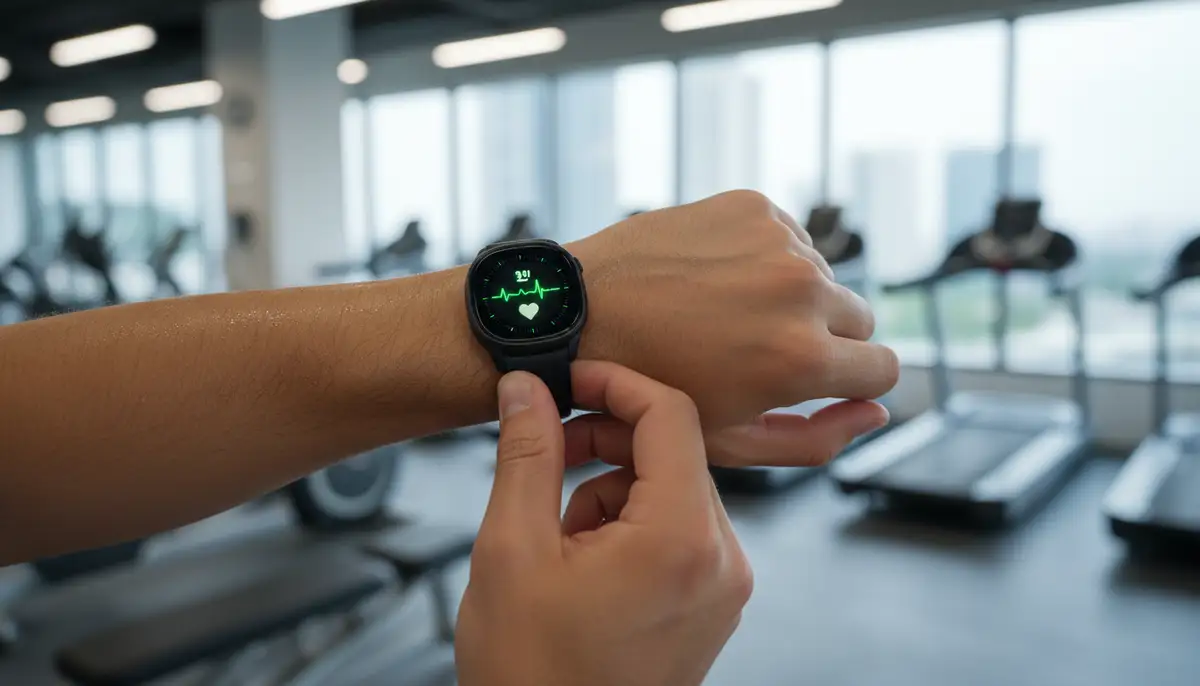 A person checking their smartwatch fit, ensuring the sensors are making good contact with the skin, in a modern, active setting., high-quality photography, professional lighting, sharp focus, realistic, detailed