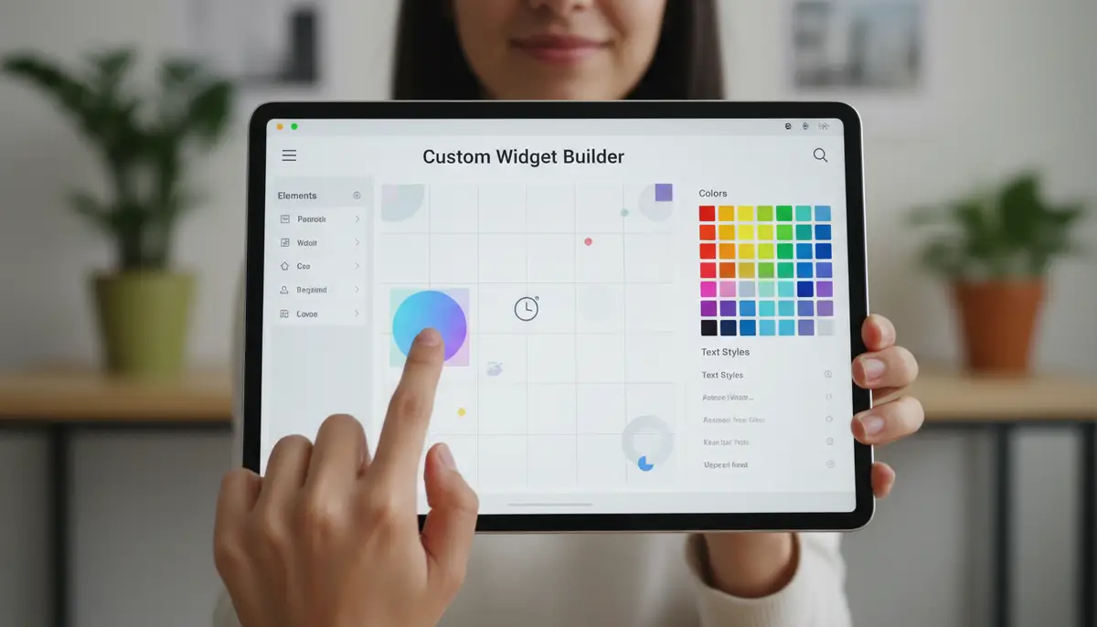 A person creating a custom widget using a drag-and-drop interface on an Android tablet, with a palette of colors and design elements visible, emphasizing creative possibilities., high-quality photography, professional lighting, sharp focus, realistic, detailed